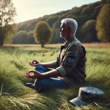 A serene image of a veteran practicing meditation outdoors.