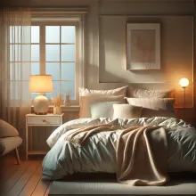 An image of a peaceful bedroom setting with soft lighting.