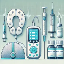 A graphic showing medical equipment used in headache treatment.