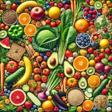 A collage of healthy foods like fruits, vegetables, and whole grains.