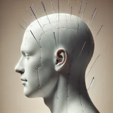 An image showing acupuncture needles placed on a patient's head.