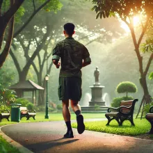 A veteran jogging in a park setting.