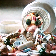 A close-up of various pills spilling out of a bottle.